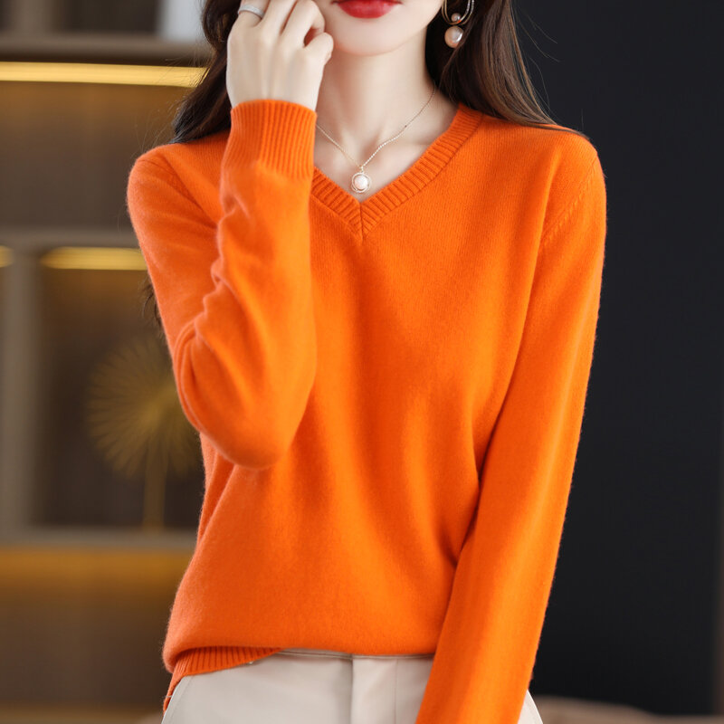 Women's Pure Wool Sweater Spring Autumn V-neck Soft Waxy Warm Pullover Long Sleeve Loose Slim Fit Versatile Fashion Knit Sweater