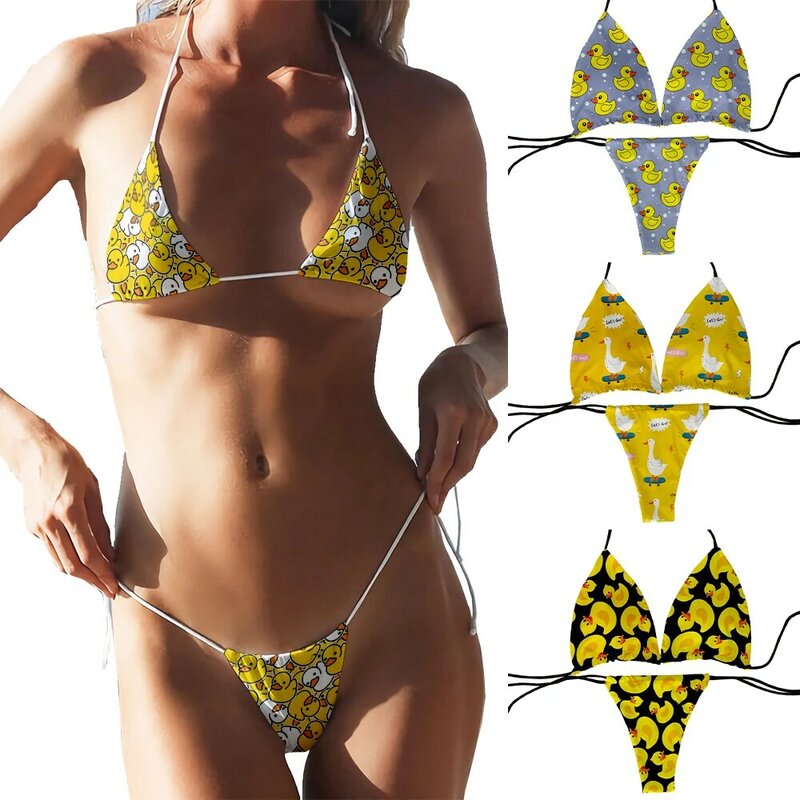 Sexy Bikini Set Cartoon Ente Print Badeanzug Mode süße Frauen BH Badeanzug tief v Sommer Beach wear Party Bikini Set