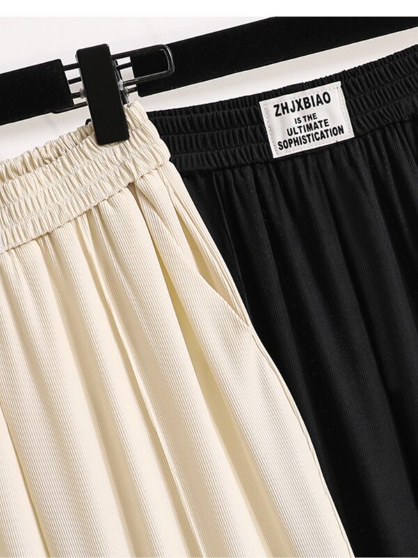FJMODIS-Pantalon long plissé en mousseline de soie pour femme, taille haute, jambes larges, style coréen, grande taille, décontracté, été