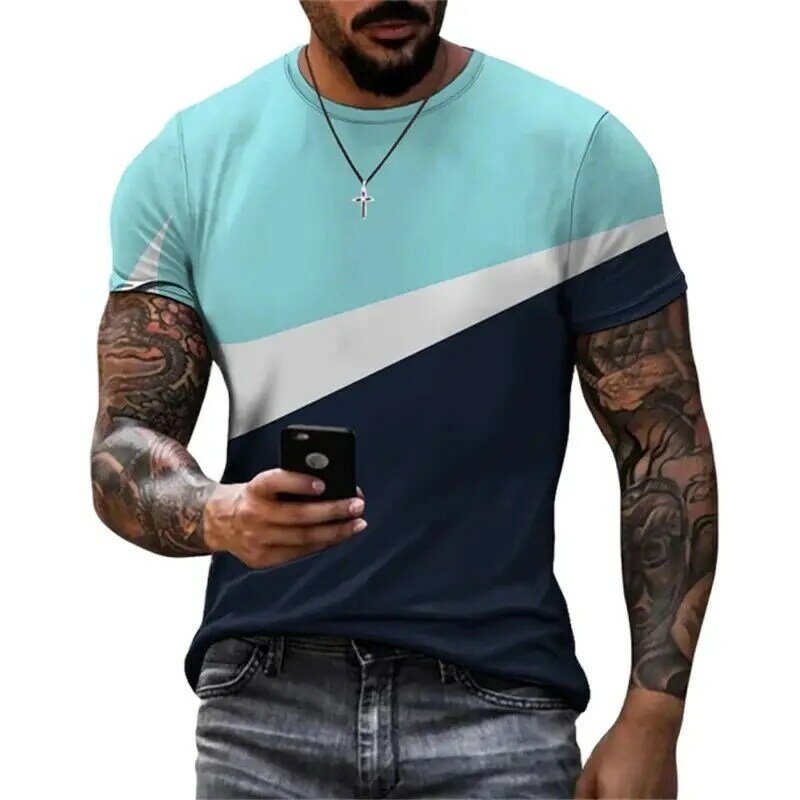 New Summer Men's T-shirt Color Patches 3D Printed Short sleeved Top T-shirt Fashion Casual Increase O-neck Breathable Men's Clot