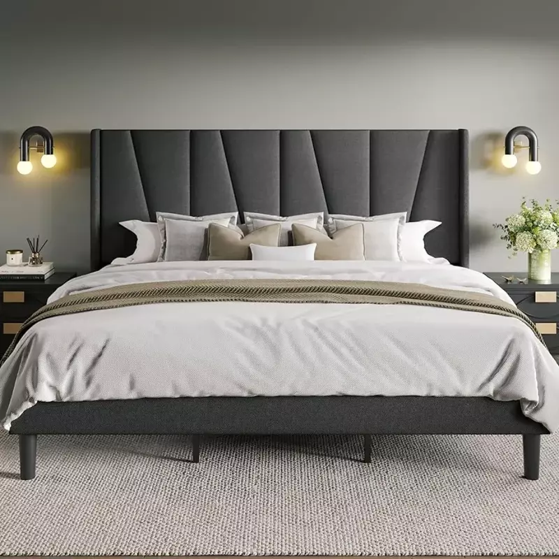Platform bed frame with geometric wingback headboard, no need for a box spring, modern upholstered bed with plank support