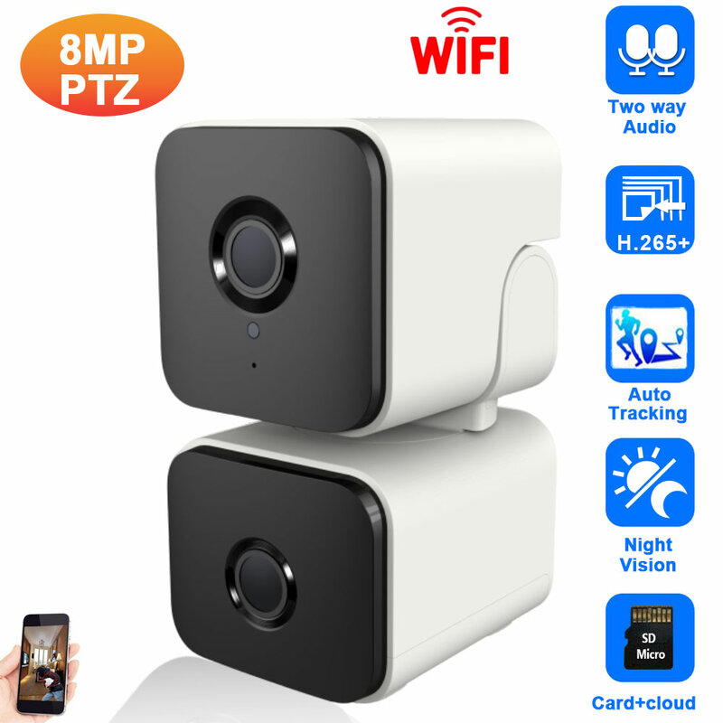 Smart Life-Mini cámara de seguridad PTZ con Wifi, Monitor de bebé inalámbrico con doble lente, seguimiento automático para interiores, Audio bidireccional de 8MP, Tuya Home