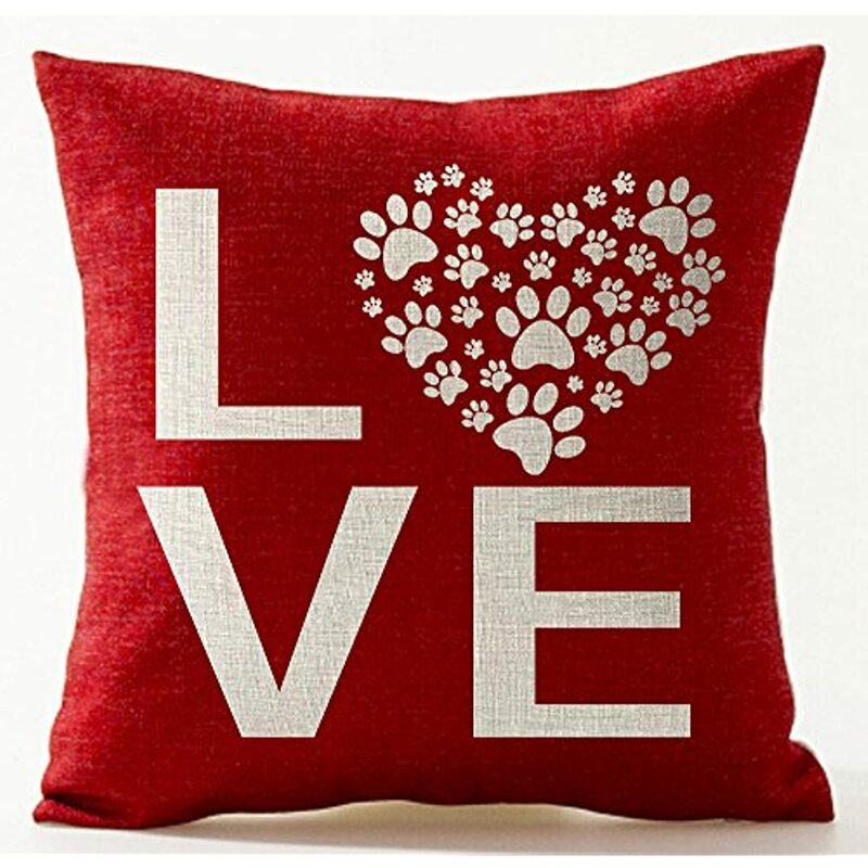 Housse de coussin décorative pour la saint-valentin, taie d'oreiller avec lettres d'amour, empreinte de patte de chien en rouge