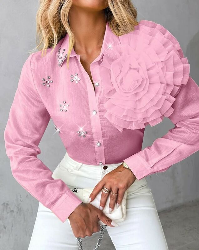 Blusa feminina de peito único, blusa lisa casual, gola virada para baixo, manga longa, strass com detalhe rosa, moda diária, primavera