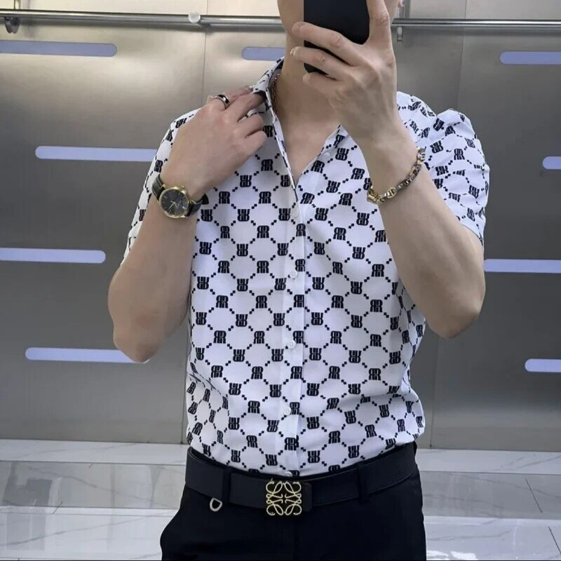 England Style Summer New Smart Casual Fashion Luxury Short Sleeved Shirt Men's Lapel Button Letter Printed Breathable Thin Top