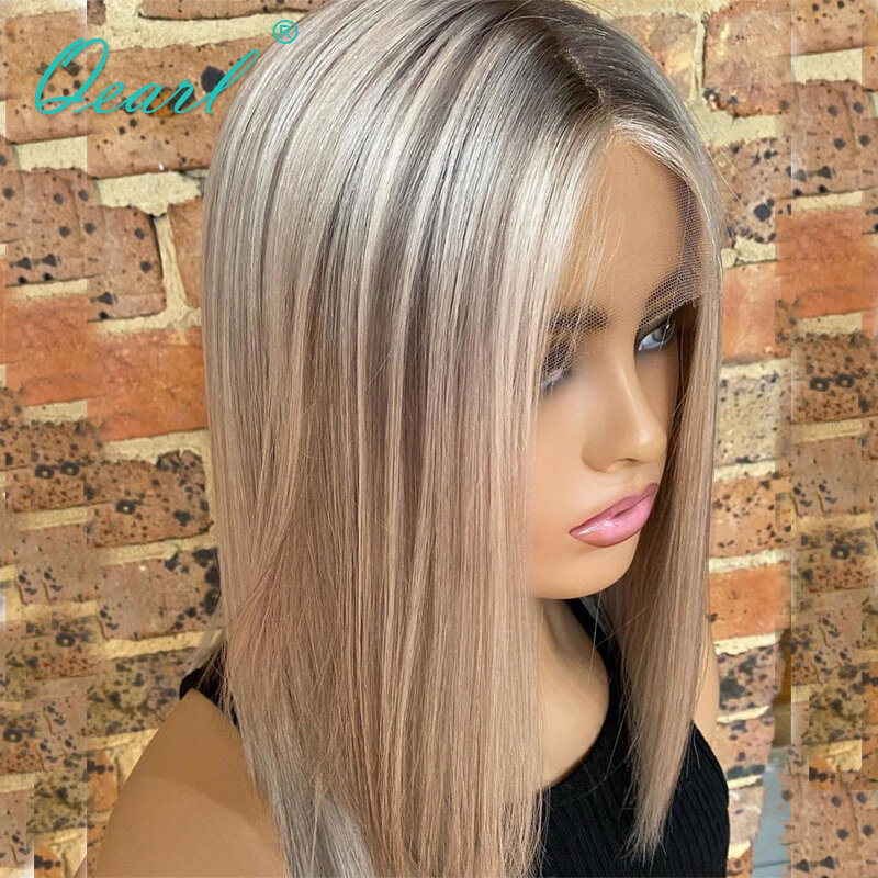 Qearl-Peluca de cabello humano liso brasileño, postizo de encaje Frontal 13x4, y gris ceniza color rubio, barato, 150%