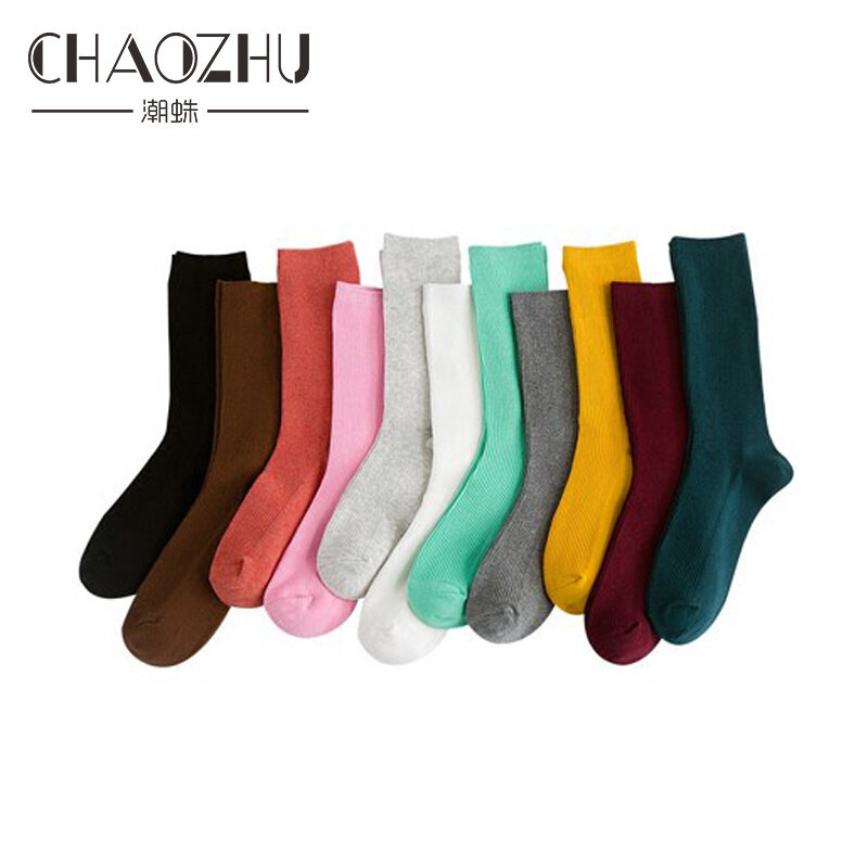 CHAOZHU-Chaussettes hautes en coton pour femmes, Chaussettes longues pour lycéennes, Couleurs unies, Double Grossier, Japonais, Coréen, Ogo
