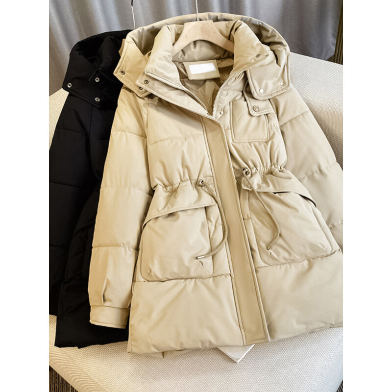 女性のための厚いサーマルフード付きオーバーコート,韓国スタイル,単色,綿のジャケット,オフィスウェア,女性の服,新しい秋冬
