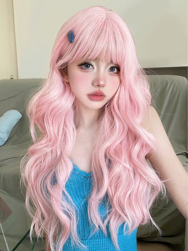 30 Zoll perfekte rosa synthetische Perücken mit Pony lange natürliche gewellte Haar Perücke für Frauen täglichen Gebrauch Cosplay Drag Queen hitze beständig