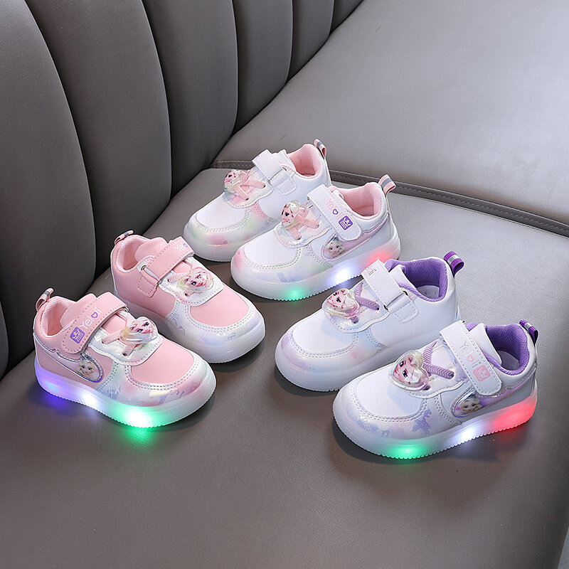 Disney-Zapatillas deportivas con luces LED para niñas, zapatos informales de princesa Elsa y Frozen, para estudiantes, talla 21-30