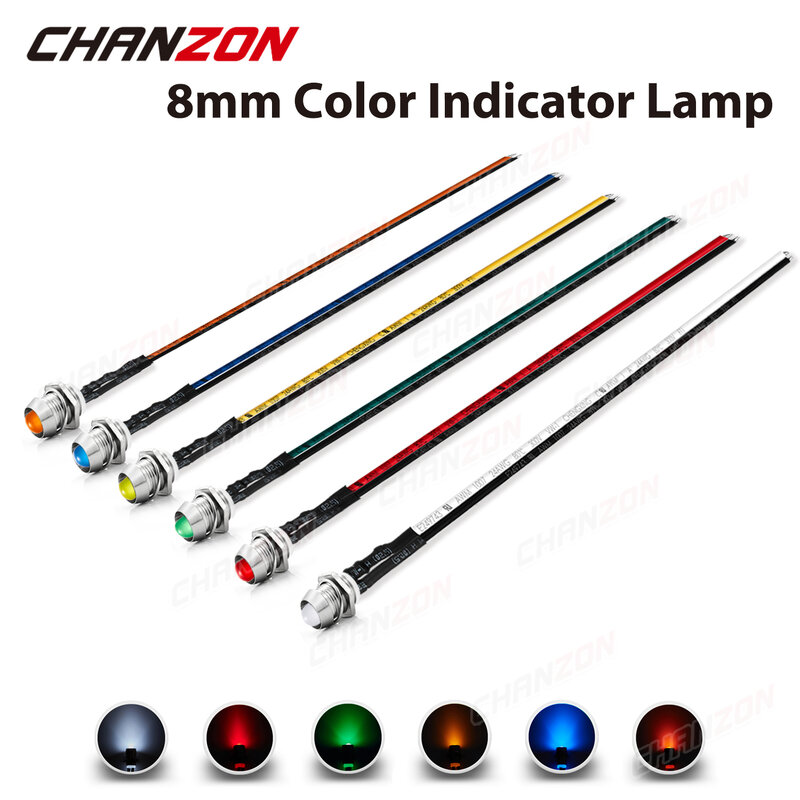 Kit de diodo emisor de luz piloto, indicador LED de 12V, 8mm, blanco, rojo, verde, azul, amarillo, naranja, 5mm precableado con soporte de 8mm