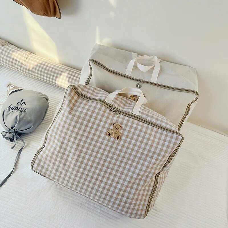 Korean Kids Bag Cute Bear Squirrel Kindergarten Quilt Storage Bag Children's Luggage  Minimalist Grid Quilt Bag