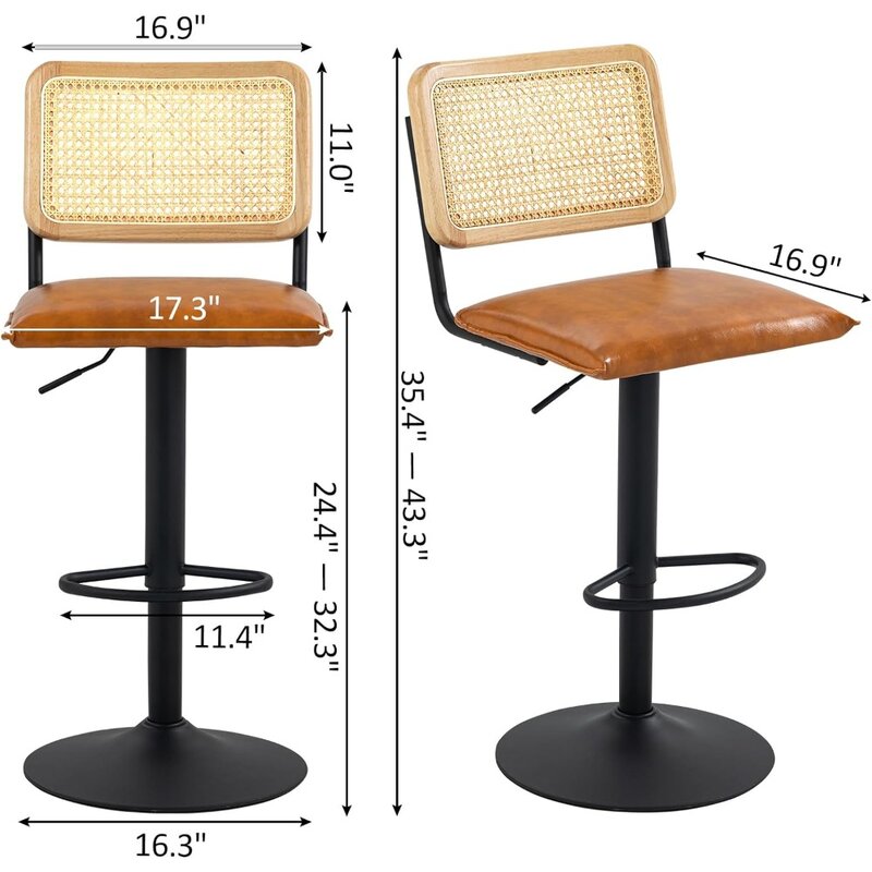 Nowoczesny rattanowy zestaw stołek barowych z 2 naturalne tkaniny, obrotowe siedzisko, podnóżek i oparcie z trzciny, regulowana wysokość