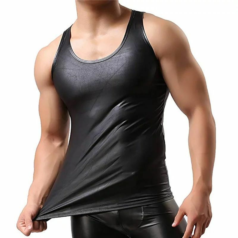 Seksowna męska koszulka ze skóry PU koszulka bez rękawów seksowna w kształcie elastyczna koszula miękki lateks koszulka elastyczna obcisła bielizna charakter