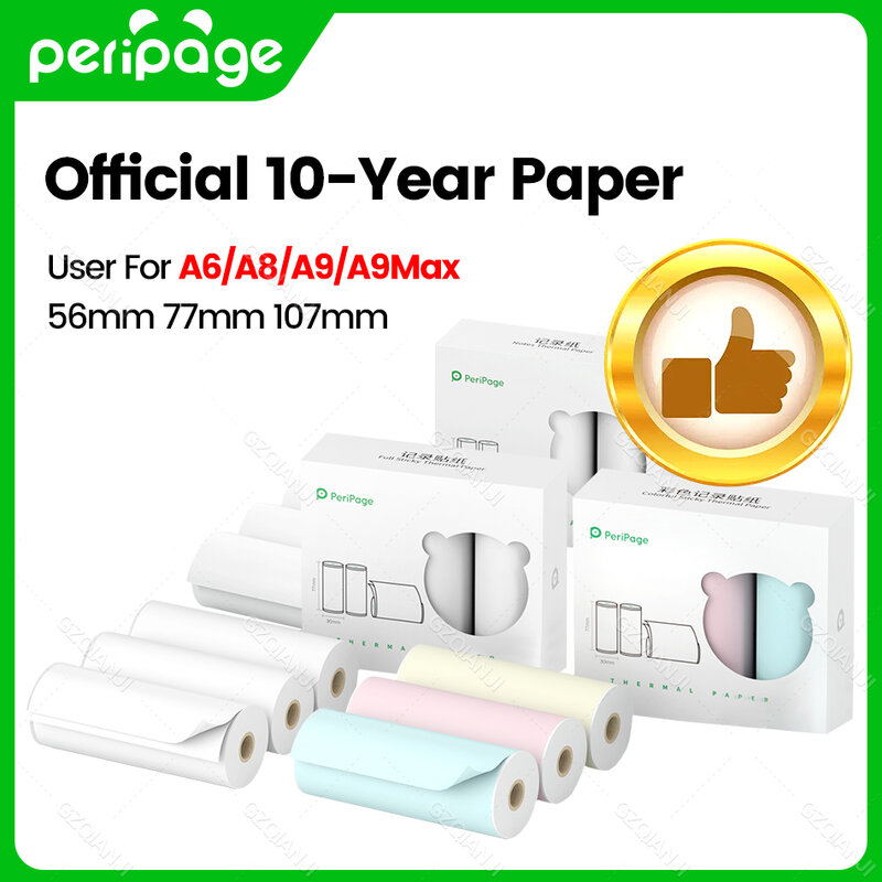 PeriPage-papel térmico Blanco oficial sin BPA, etiqueta adhesiva en blanco para impresora A6, A3, A8, A9 Max, 58mm, 77mm, 107mm