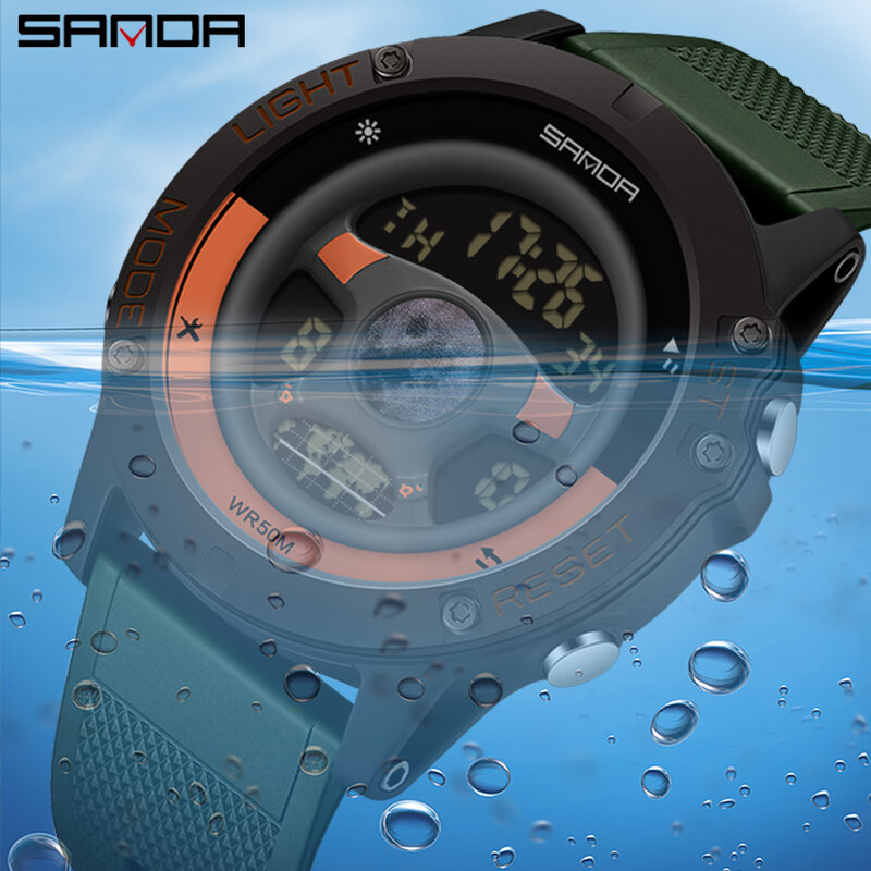 Sanda นาฬิกานาฬิกาสปอร์ตผู้ชายอเนกประสงค์9024, นาฬิกากันน้ำนาฬิกาดิจิตอลนาฬิกา5Bar นาฬิกาปลุกดีไซน์ Setir mobil