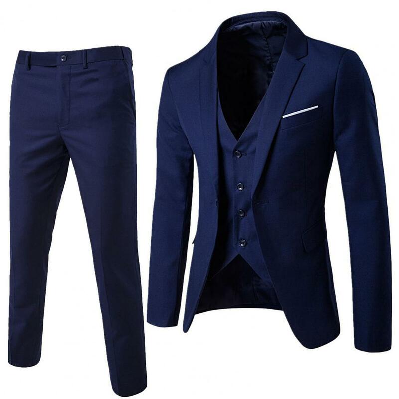Blazer de botão masculino com colete e calças, colete de peito único, casaco, calça, jaqueta de gola baixa, terno formal