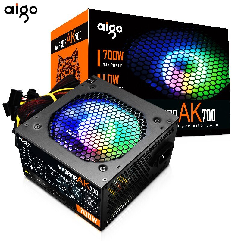 Aigo AK Unit catu daya, 700W PC PSU kipas Gaming hitam senyap RGB 120mm 24pin 12V ATX catu daya komputer Desktop untuk BTC