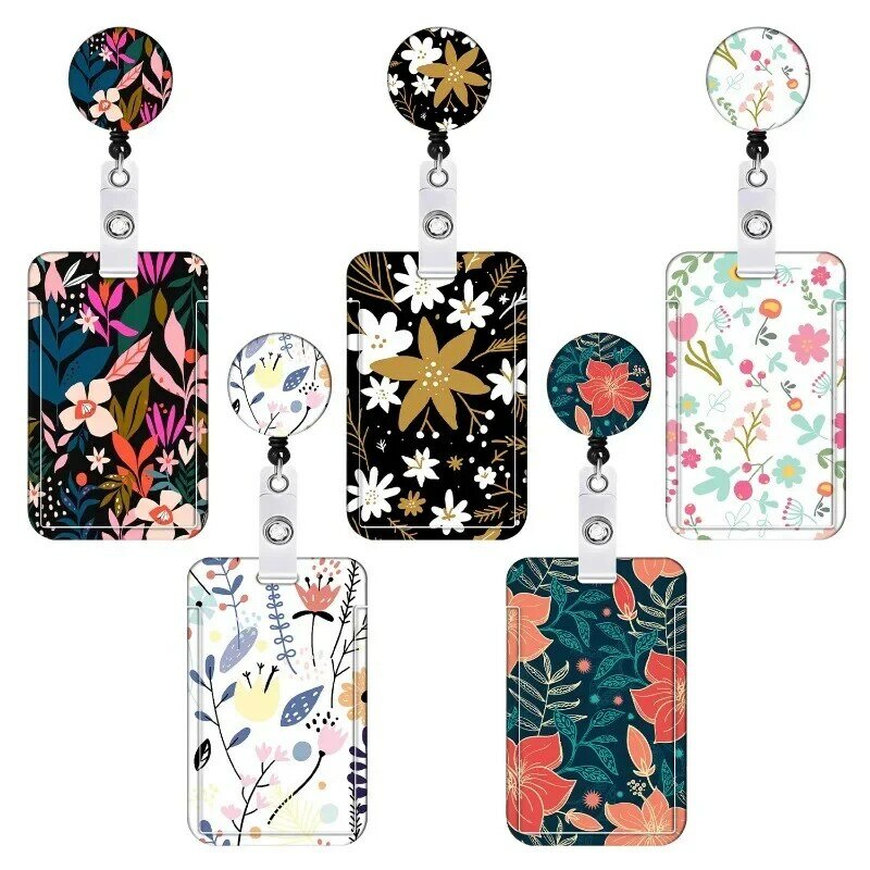 Staff Working Cards Holder with Retractable Long Lanyard and Badge Reel Flower ID Credit Cards Holder Cover for Woman Phone Rope