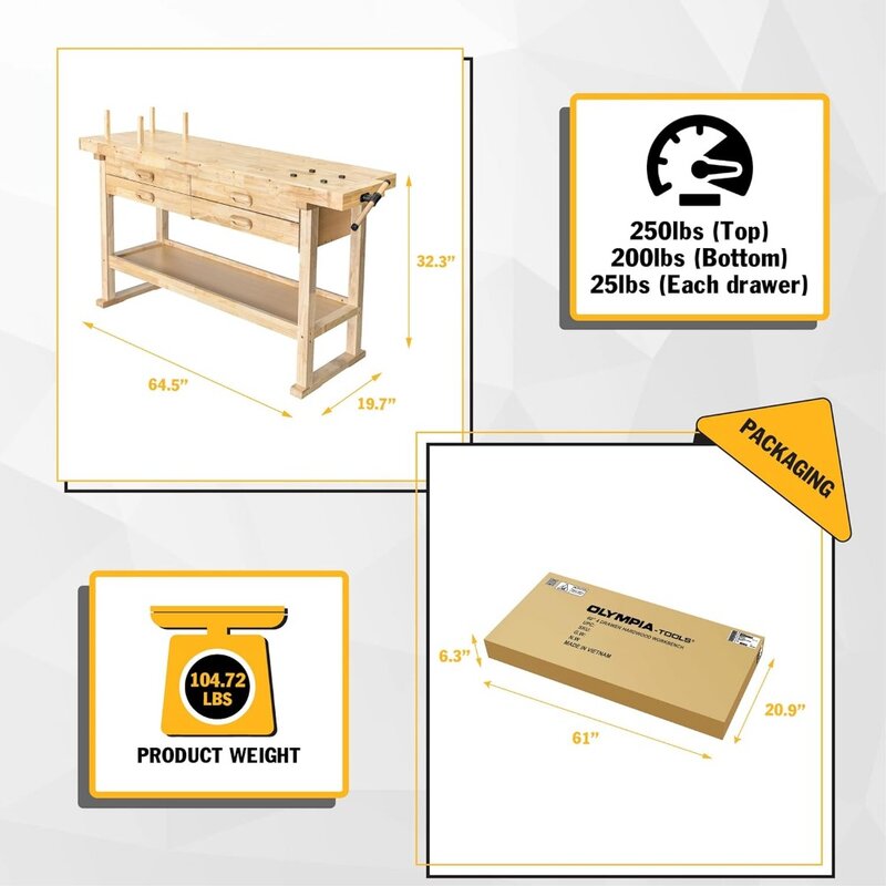 Olympia Werkzeuge 60-Zoll-Holzwerkbank-Gummi holz Werkbank mit 4 Schubladen, Pfund Gewichts kapazität-perfekt