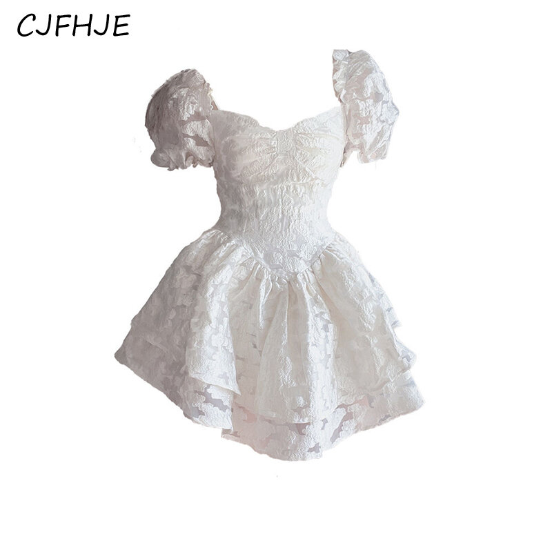CJFHJE Women Summer Vintage Ruffle Sweet Chic Elegant Sexy Club Mini Dress White Short Sleeve Slim Fairy Party Princess Dress
