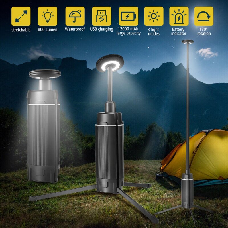 이동식 마그네틱 캠핑 조명, USB 충전식 LED 비상 램프, 야외 휴대용 텐트용 텔레스코픽 랜턴, 12000mAh