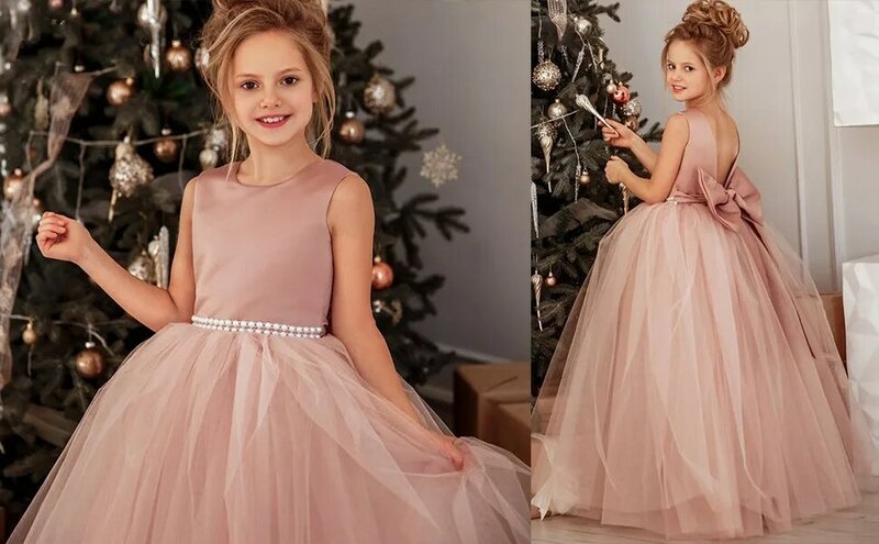 Flor meninas cetim tule vestido de princesa pageant para o casamento crianças pérolas baile de formatura vestidos com arco-nó vestidos da menina de flor
