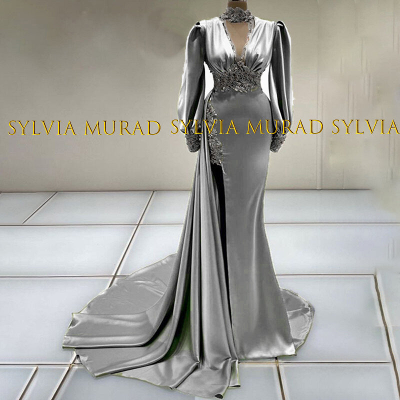 Женское вечернее платье с юбкой-годе, серебристо-серое платье с длинными рукавами, аппликацией и разрезом сбоку, модель 2024