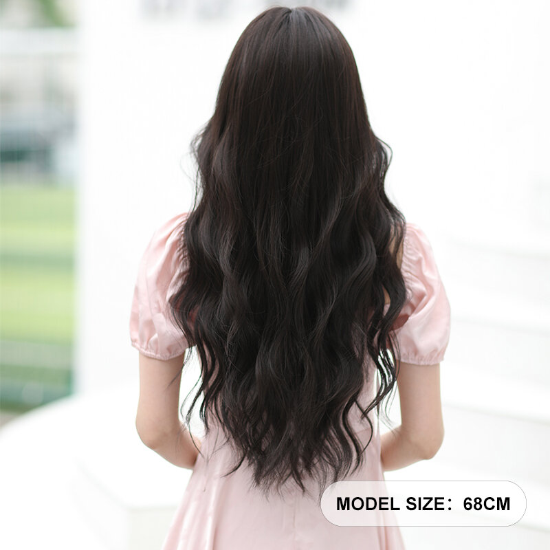 7JHH-Peluca de cabello sintético ondulado para mujer, pelo largo y rizado con flequillo, parte lateral, color marrón oscuro, sin pegamento, alta densidad