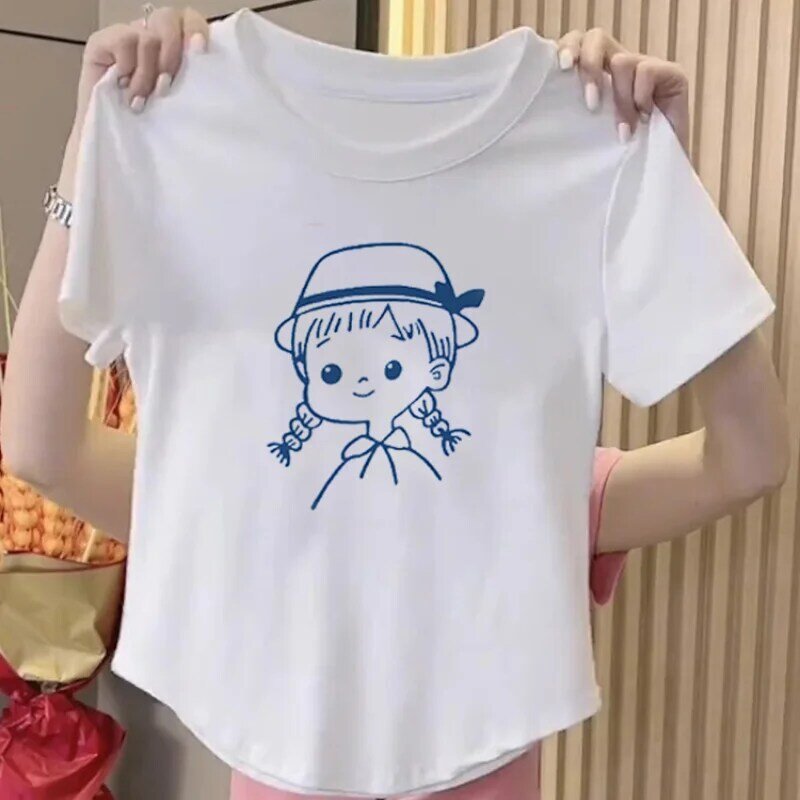 LKSK Slim Fit z czystej bawełny na ramię T-shirt z krótkim rękawem dla kobiet lato nowy wzór krótki Top t-shirt z pół rękawem