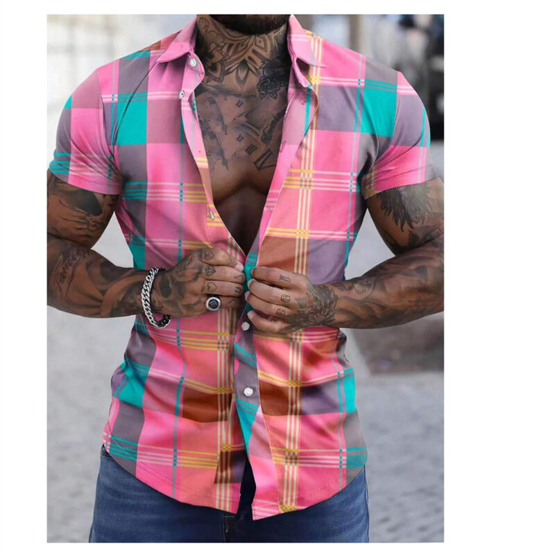 Camisa xadrez masculina de manga curta retrô lapela, casual roupas de férias, designer projetado, plus size, novo, 2024