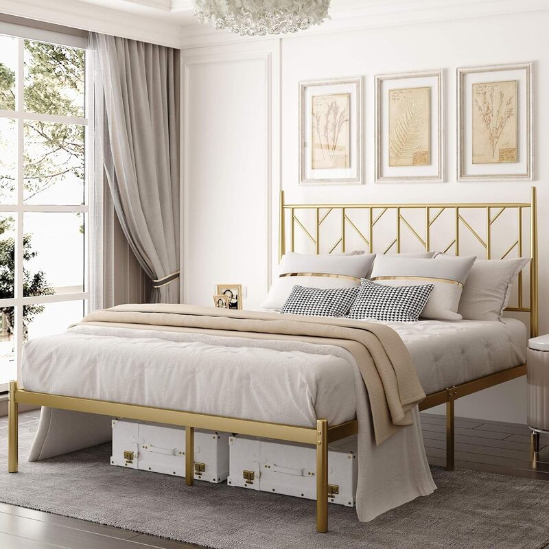 Łóżko z pełnymi bokami rama, zagłówek w stylu vintage, 14-calowy metalowy schowek na materac, bez sprężyn skrzynkowych, łatwy montaż, nowoczesny, złoty