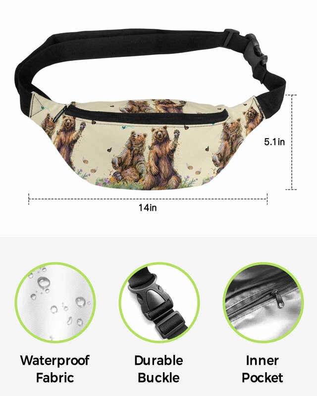 Bear Painting Butterfly Grassland Nature Phone Belt Bag Wallet Pouch Waterproof Waist Bag Fanny Pack for Women Men