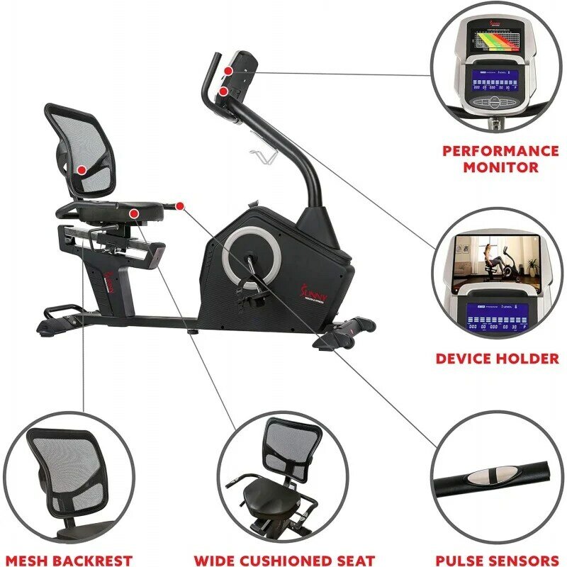 Ensolarado Saúde e Fitness Resistência Magnética Bicicleta Recumbent, Opcional SunnyFit, Exclusivo™Aplicativo e Conexão Bluetooth Inteligente