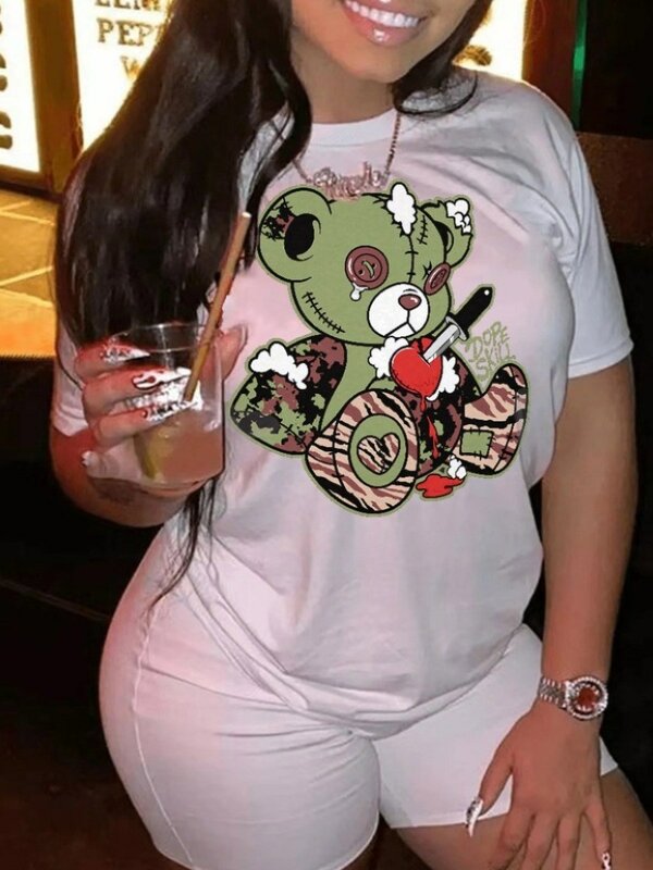 LW-camiseta feminina estampada com gola redonda, tops de manga curta de casal, streetwear de verão, roupas Y2K, tamanho grande