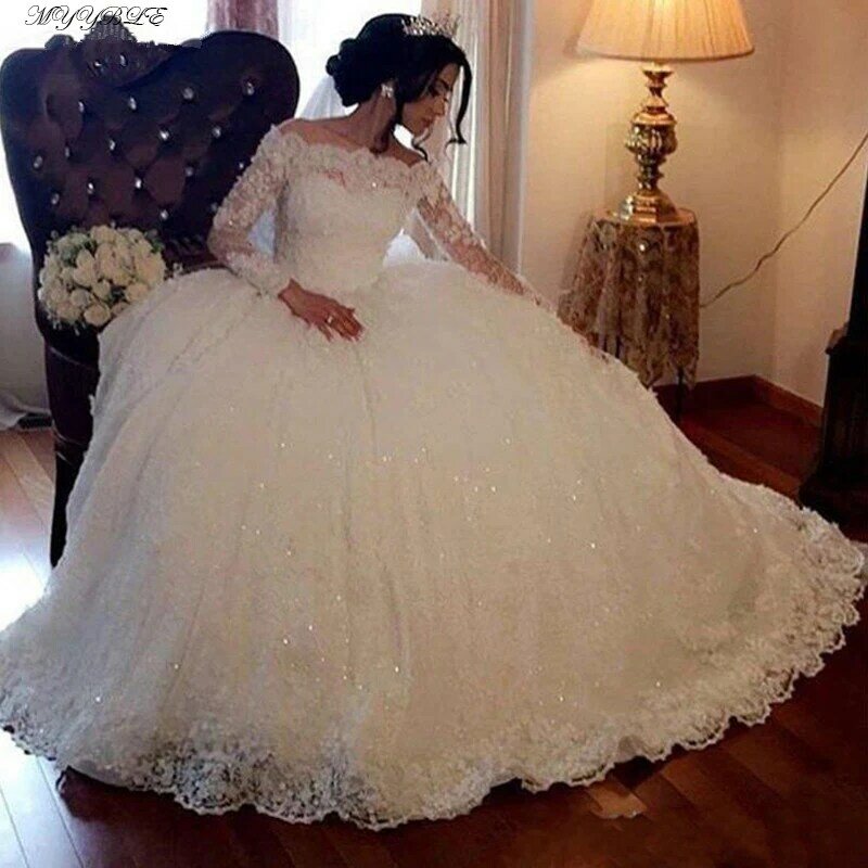 White Ball Gown Wedding Dress Long Sleeves Lace Sequin Appliques 2024 Plus Size  Formal Bridal Dresses Princess Wedding Gowns