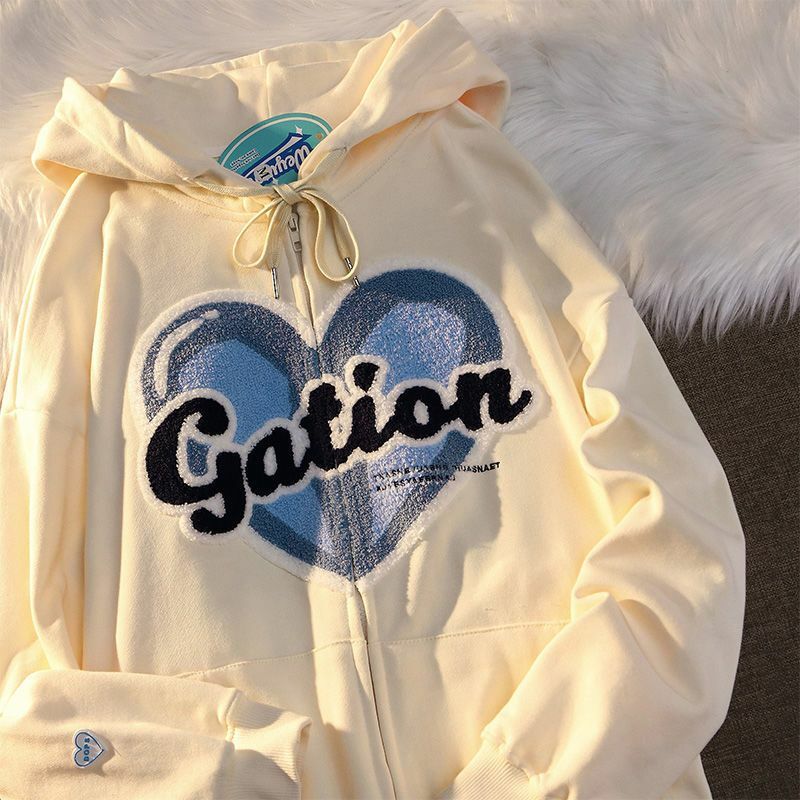 Manteau à capuche en forme d'amour pour femmes, haut floqué Y2K, Cardigan américain Vintage pour amoureux, nouvelle collection automne hiver 2022