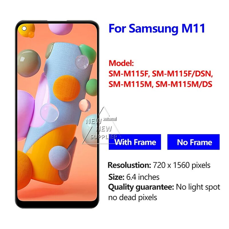 Digitizer LCD 6.4 inci 100%, Digitizer LCD dengan layar sentuh untuk Samsung M11, dengan rakitan bingkai untuk Galaxy SM-M115F M115F/DSN M115M