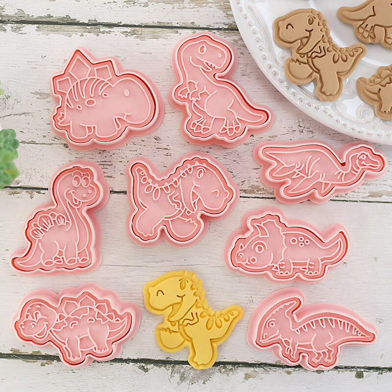 8 Stks/set Cookie Cutters Plastic 3D Dinosaurus Vorm Cartoon Pressable Biscuit Mold Cookie Stamp Keuken Bakken Gebak Bakvormen