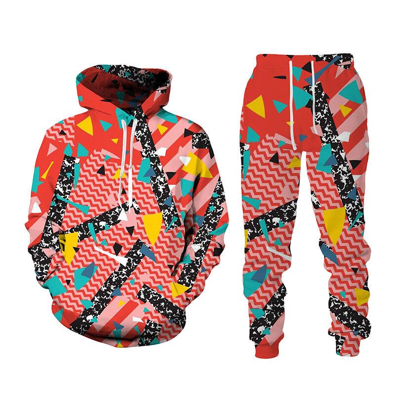 Dense Geometry Pattern Print Tracksuit Set Man Woman Hoodie+Pants 2pcs Sets Hip Hop Trend Casual Pullover Oversized Streetwear
