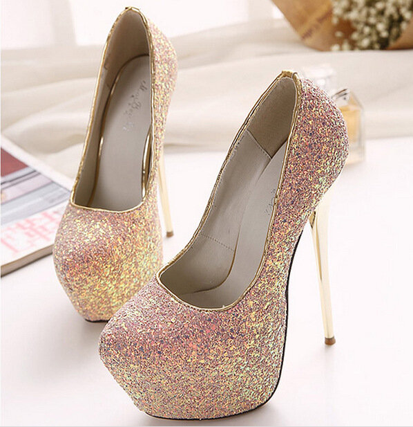 New Sexy High-heeled shoes Platform Ultra High Heels Woman Pumps Thin heel sequins Classic Sequins Party Dress Shoes Large size