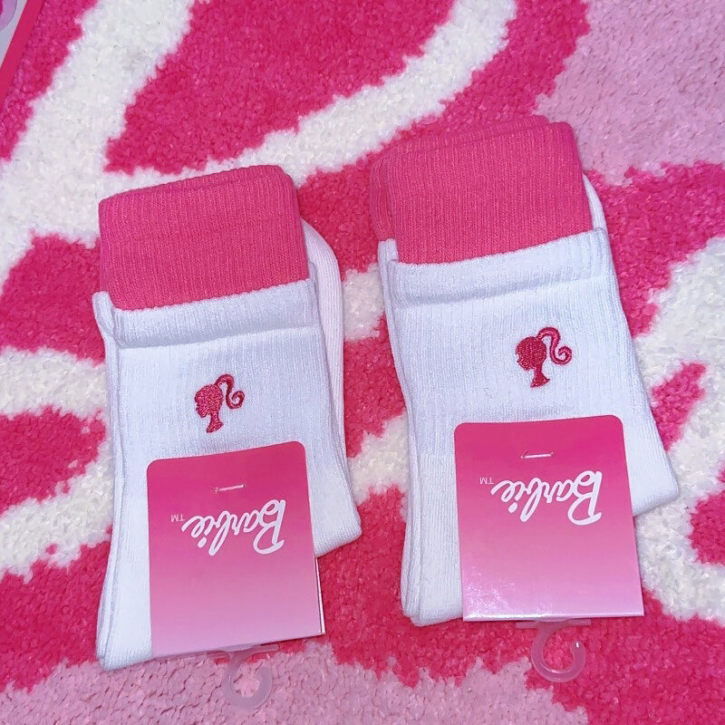New Girls' Series Pink Barbie Embroidery Black and White Cute Mid Tube Socks Women's Versatile Barbie Socks