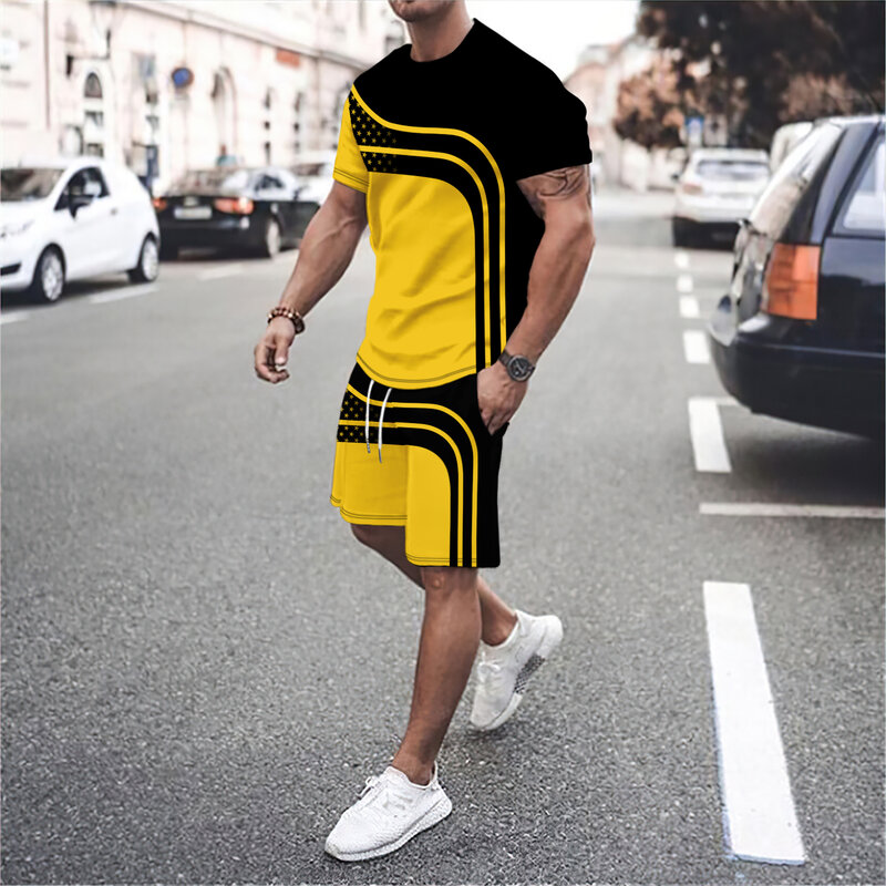 Linea di lettere 3D da uomo splicing outdoor vacation casual street wear girocollo a maniche corte t-shirt pantaloncini sportivi set di 2 pezzi