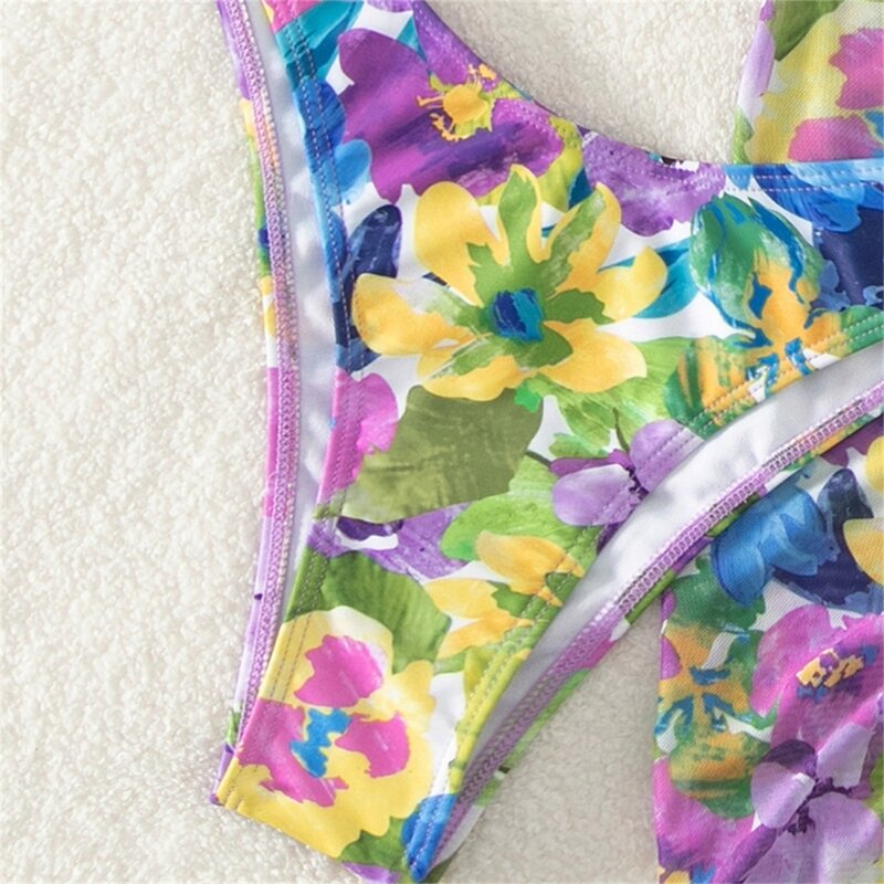 Seaside Bathing Set for Women Summer Headband Bra Thong Pleated Skirt Floral Bathing Suits Halters String Swimwear