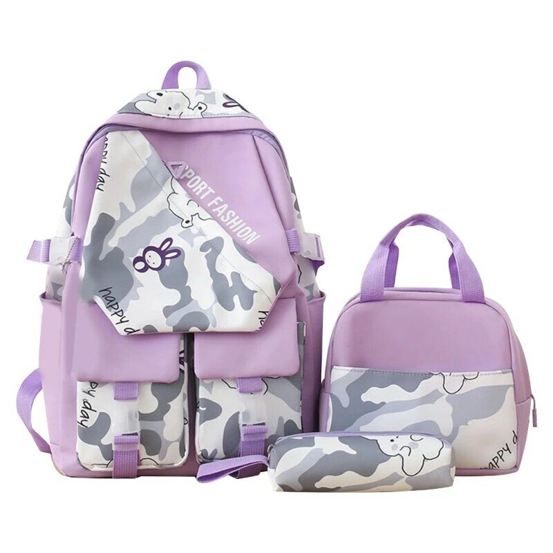 2023 새로운 3pcs 학교 배낭 십대 소녀 Bookbags 세트 노트북 데이 팟 키즈 점심 가방 연필 케이스 여행 배낭