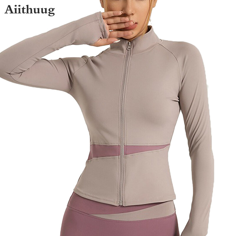 Aiithuug-سترة اللياقة البدنية النسائية القابلة للتنفس ، معطف اليوغا ، كتلة لون الخوخ ، سحاب كامل ، العناية بالبشرة ، الرياضة الإبهام ، الرقبة العالية ، التخسيس