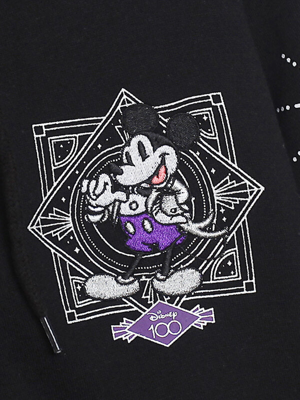 Moletom Disney Castle Mickey Mouse feminino, estampado bordado dos desenhos animados, jumper de veludo com capuz, 100 ° aniversário, tops fashion
