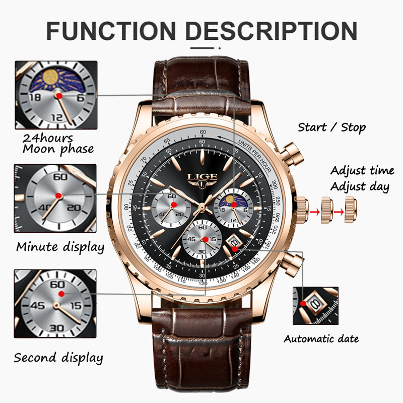 LIGE-오리지널 스테인레스 케이스 스포츠 남성용 손목시계, 밀리터리 방수 시계