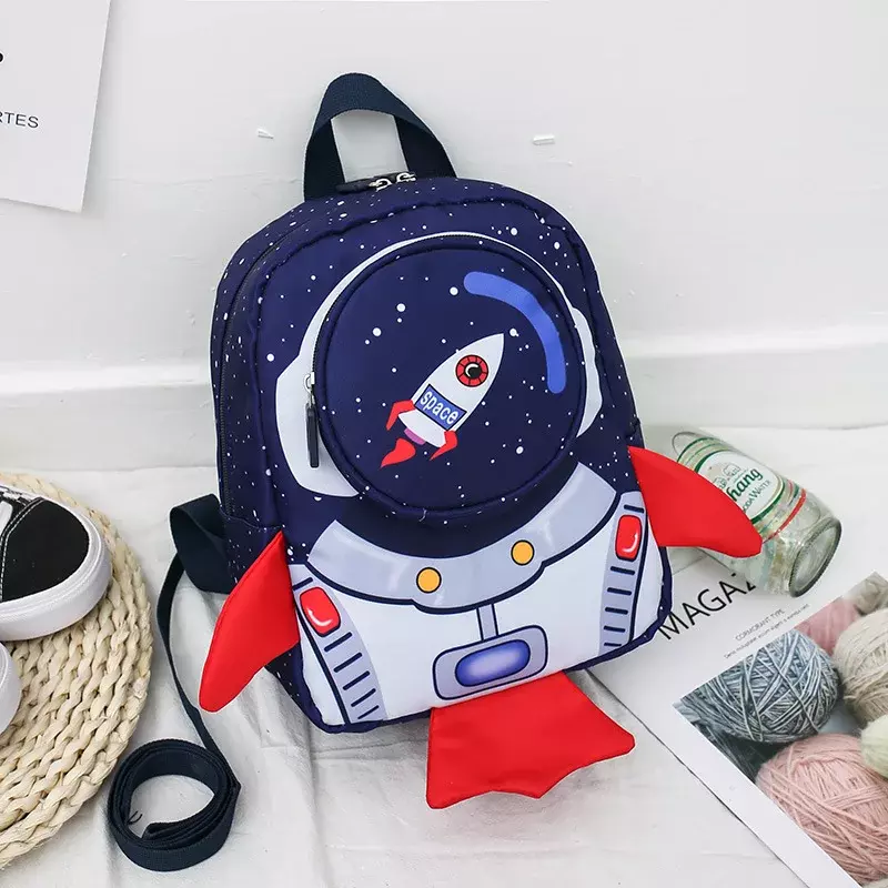 Foguete espacial infantil impresso mochila, corda de tração, anti-perdido, leve escola de jardim de infância, saco de educação precoce