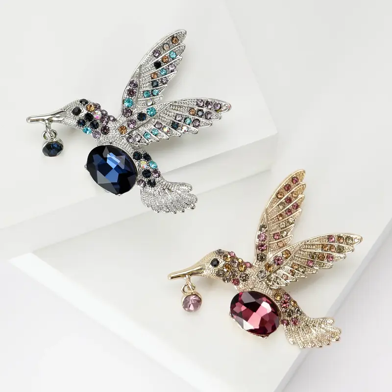 Bros berlian imitasi burung kolibri wanita, Aksesori hadiah teman pesta kantor pin burung uniseks